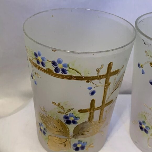 Frosted Glass Painted Juice Glasses with Flowers on a Trellis Vintage Set of 6 - Picture 2 of 12